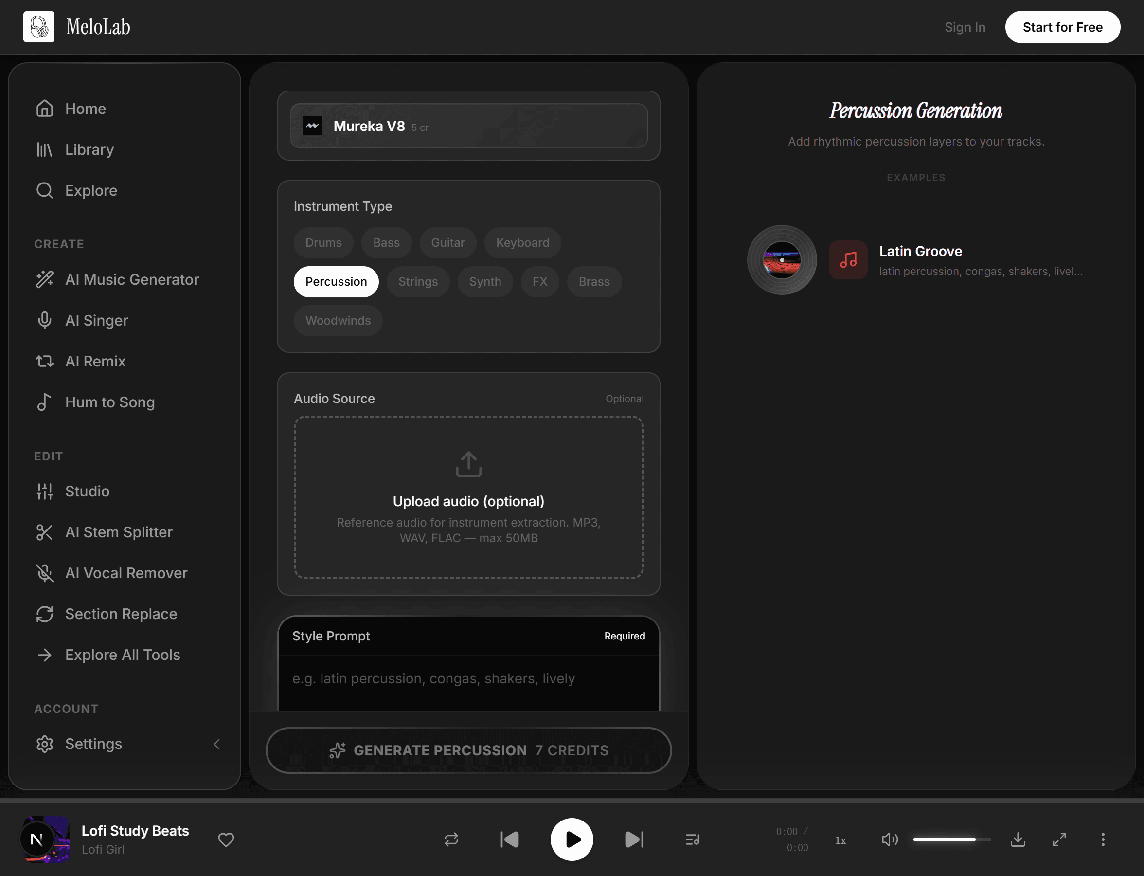 Choose percussion style and instruments in MeloLab Percussion Generator