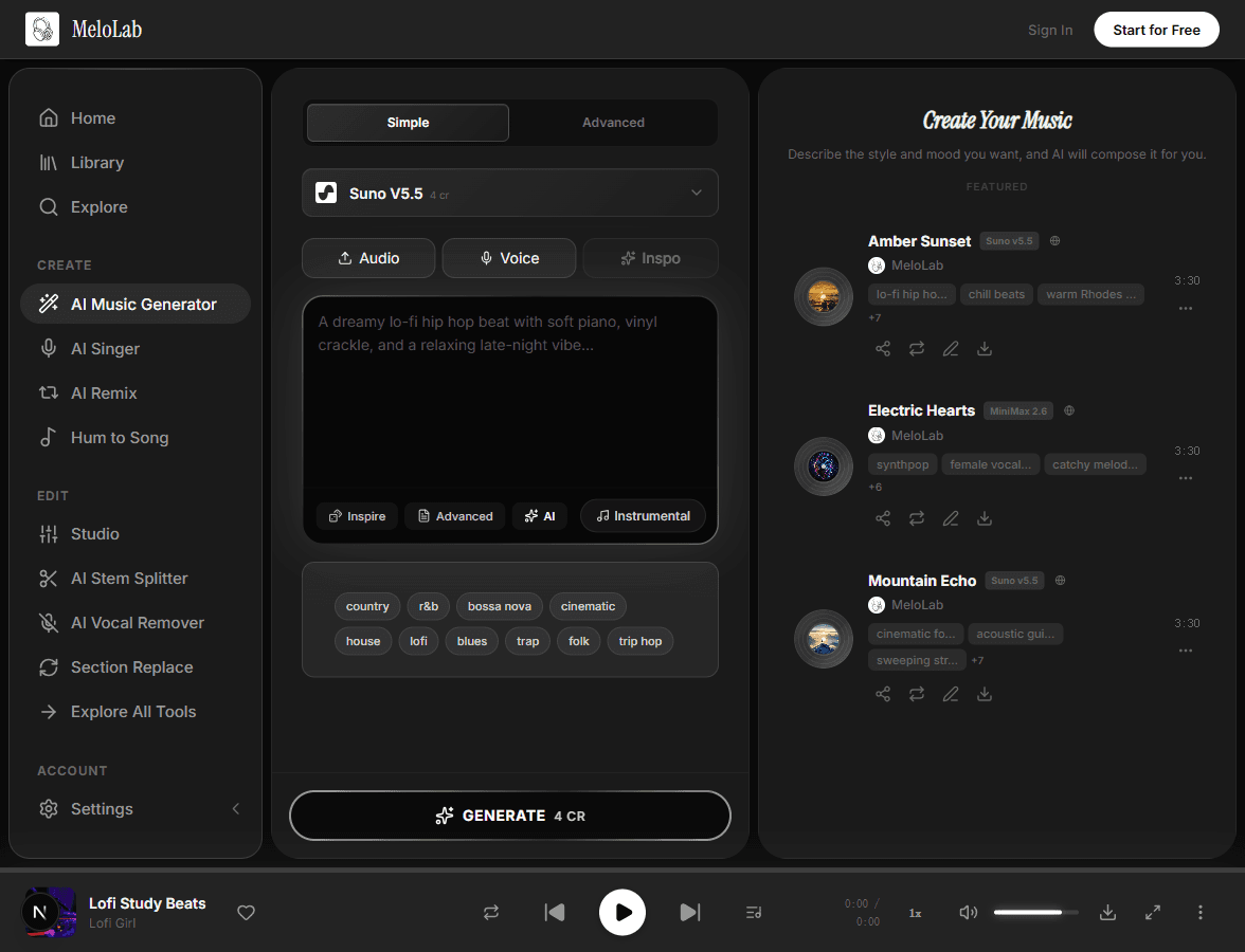 Describe a background music prompt for a creator video in MeloLab