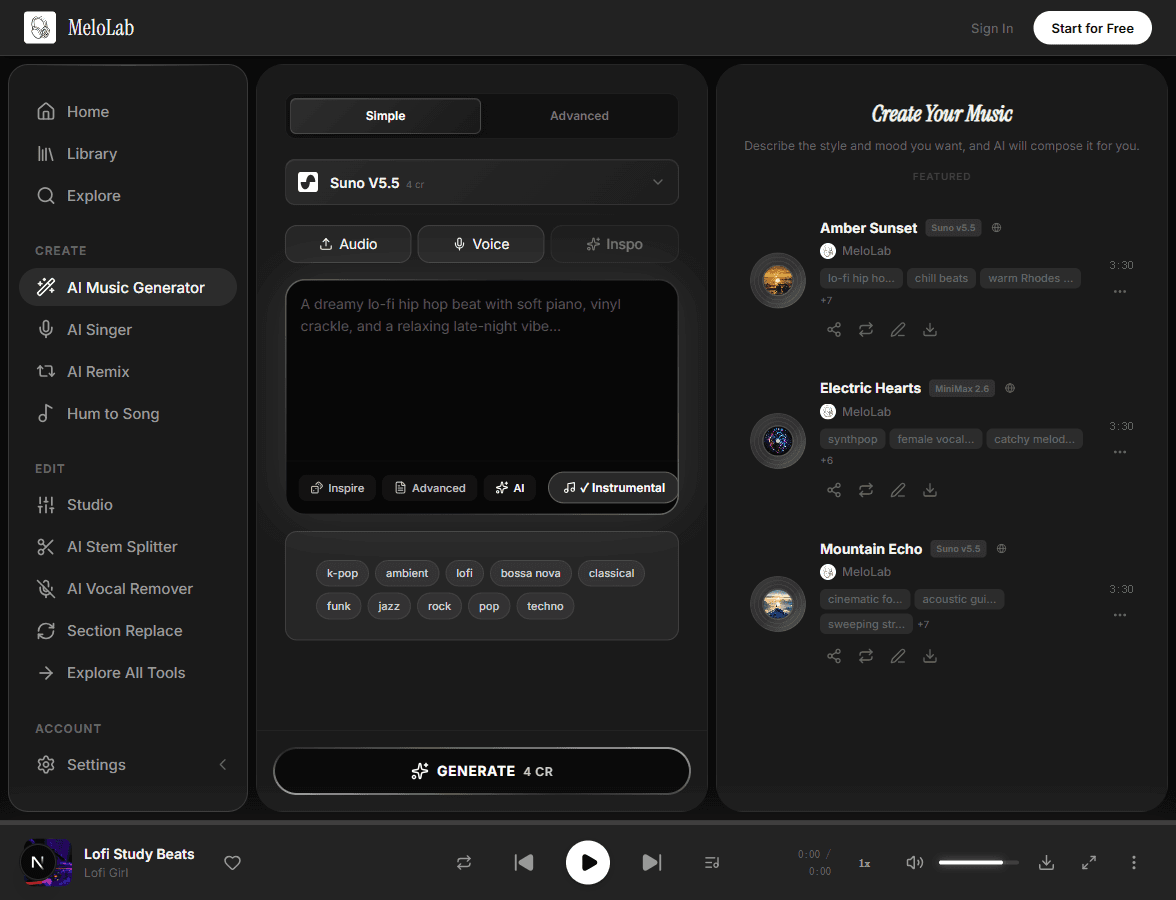 Choose instrumental background music settings in MeloLab