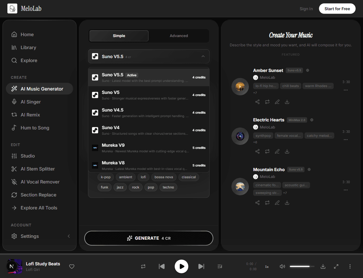Generate and export background music audio in MeloLab