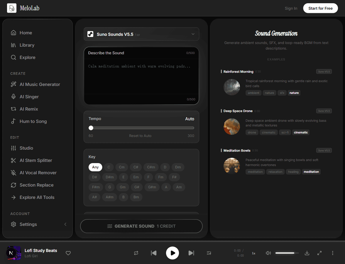 Describe a sound effect for AI generation in MeloLab Sound Generator