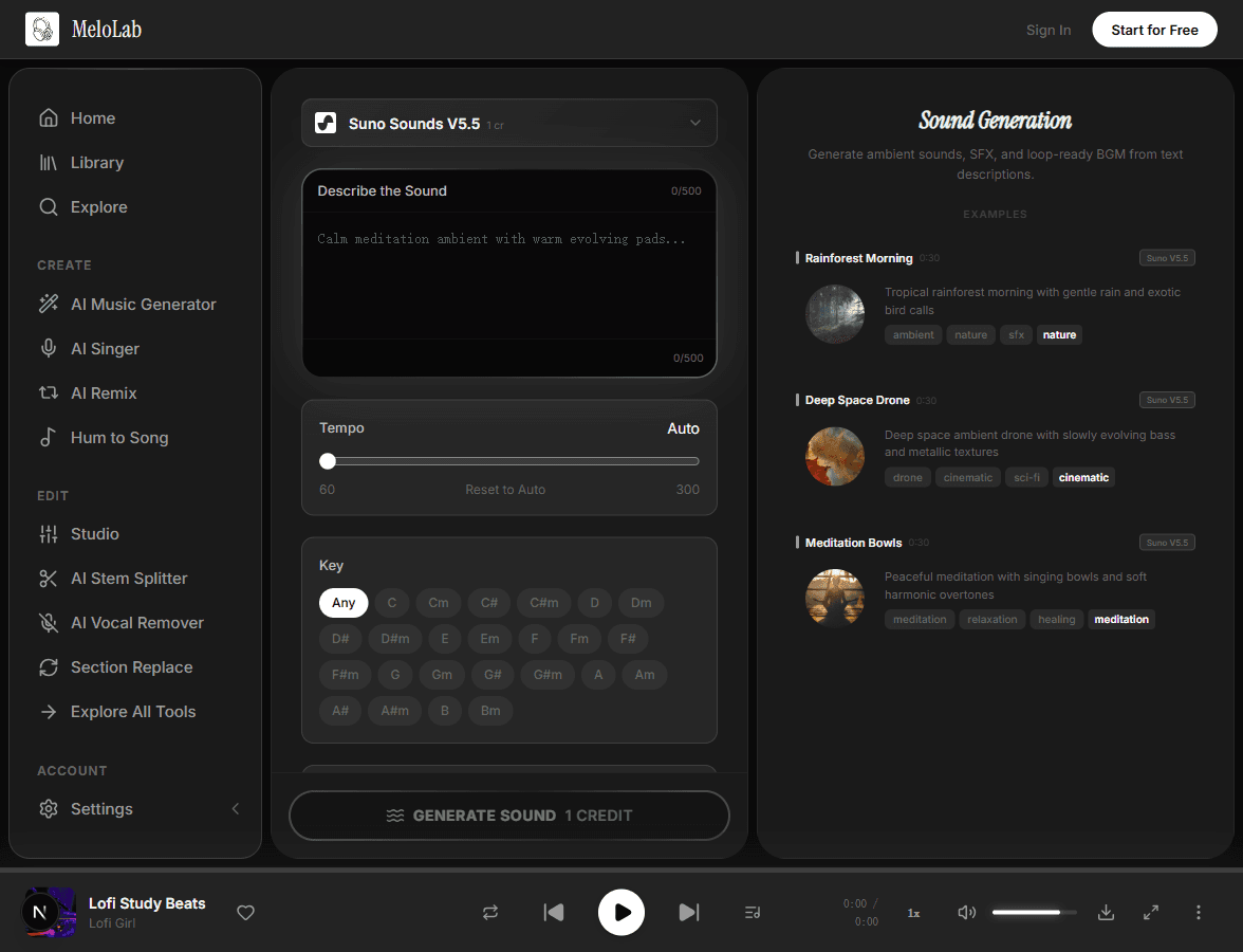 Adjust sound generation parameters in MeloLab Sound Generator