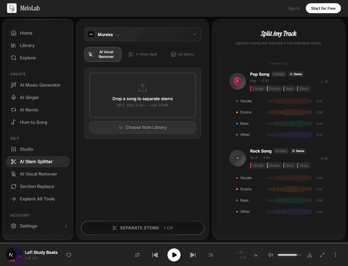 Upload audio file for stem separation in MeloLab Stem Splitter