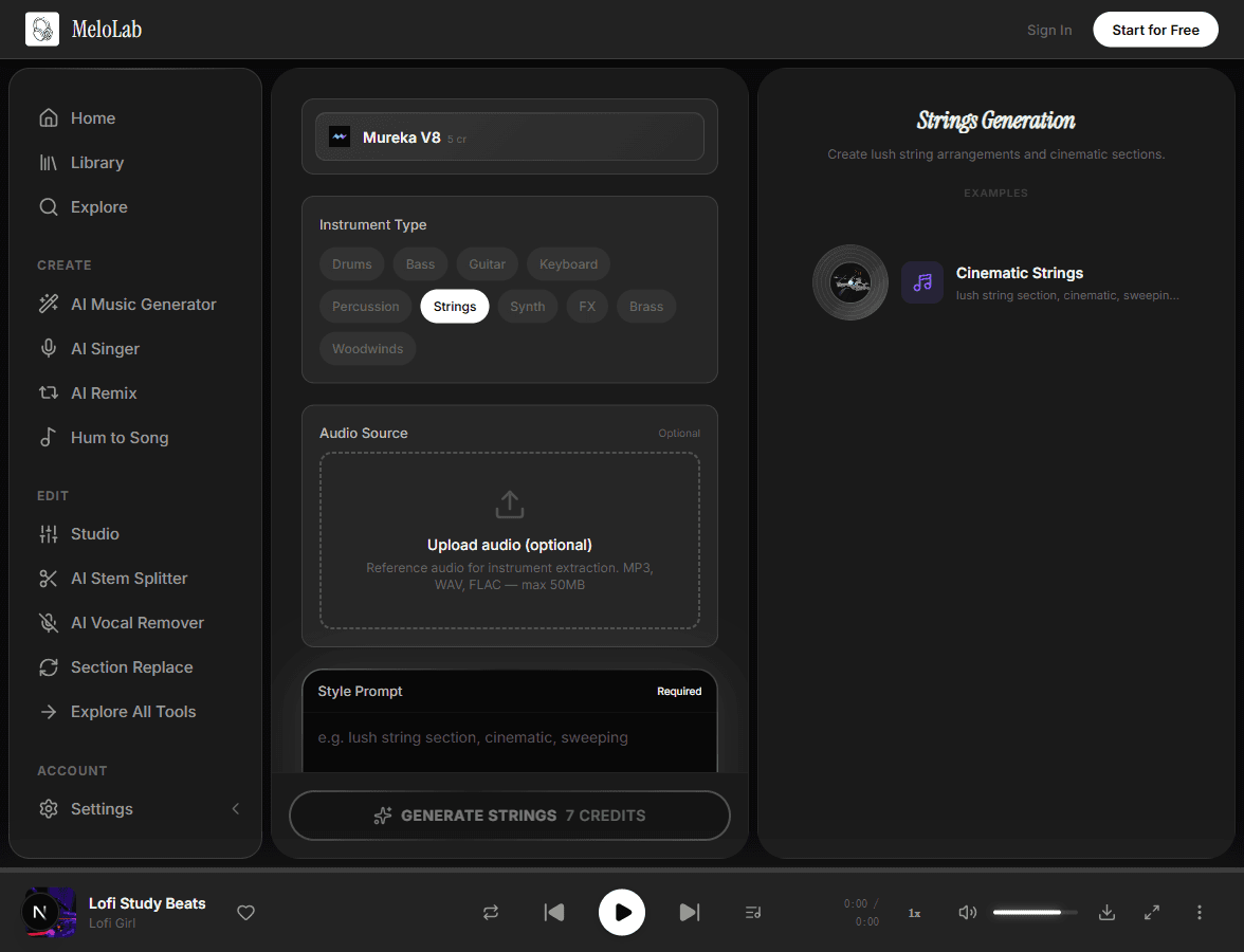Upload reference audio for AI string track generation in MeloLab Strings Generator