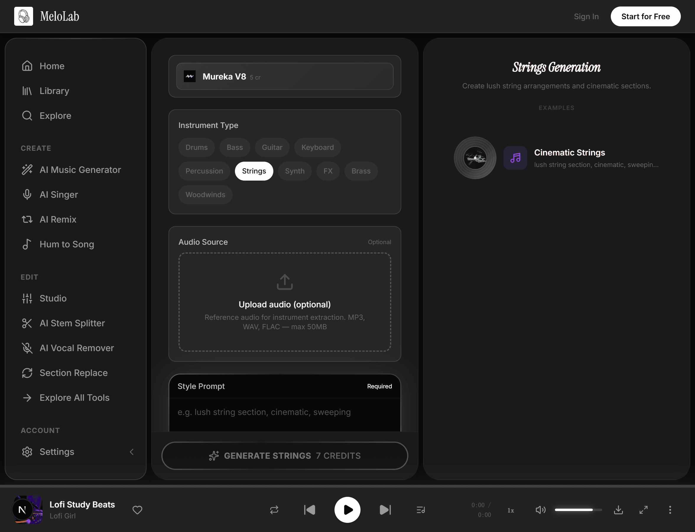 Generate isolated string track in MeloLab Strings Generator