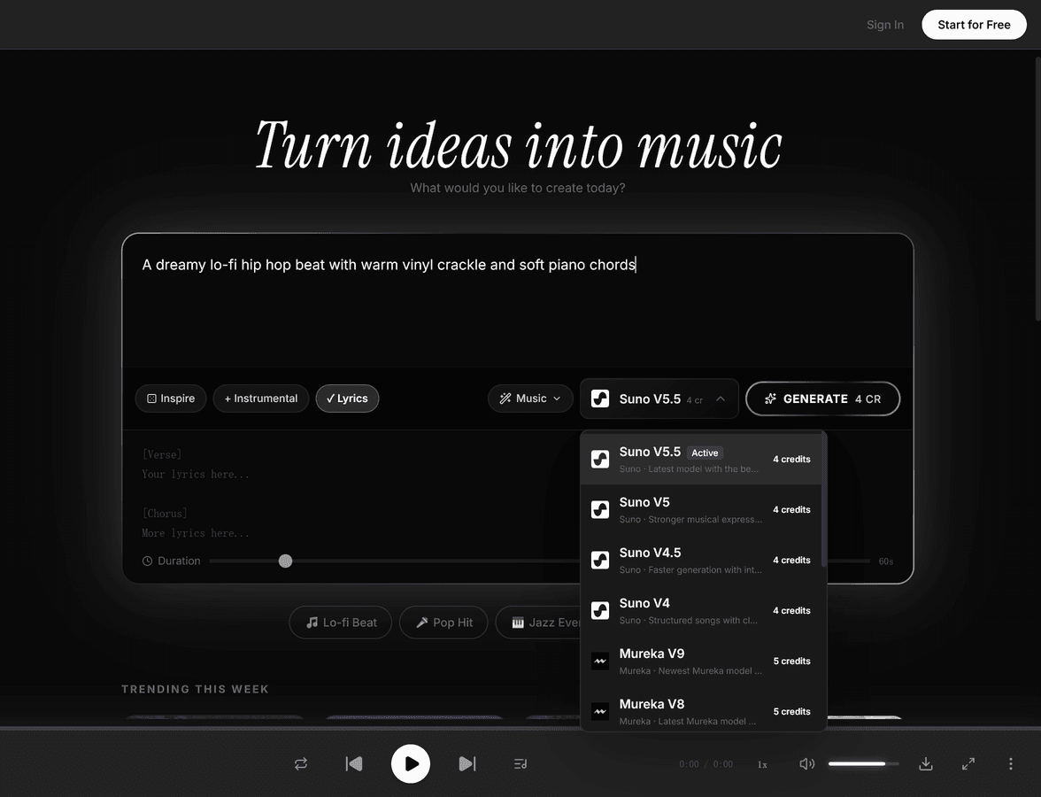 Suno V5.5 model selector dropdown in MeloLab