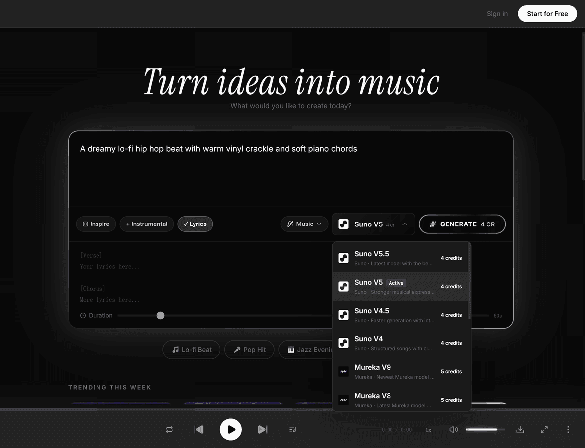 Suno V5 model selector dropdown in MeloLab