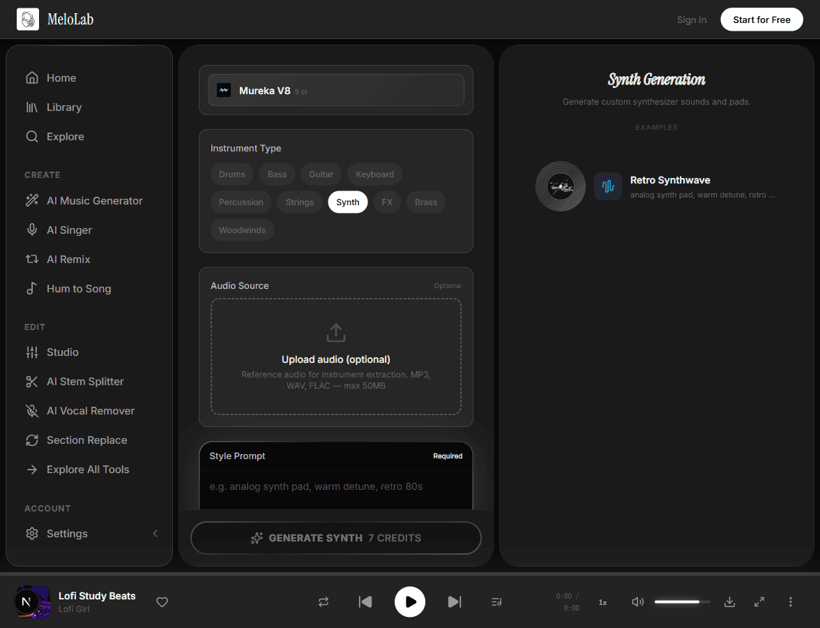 Upload reference audio for AI synth track generation in MeloLab Synth Generator