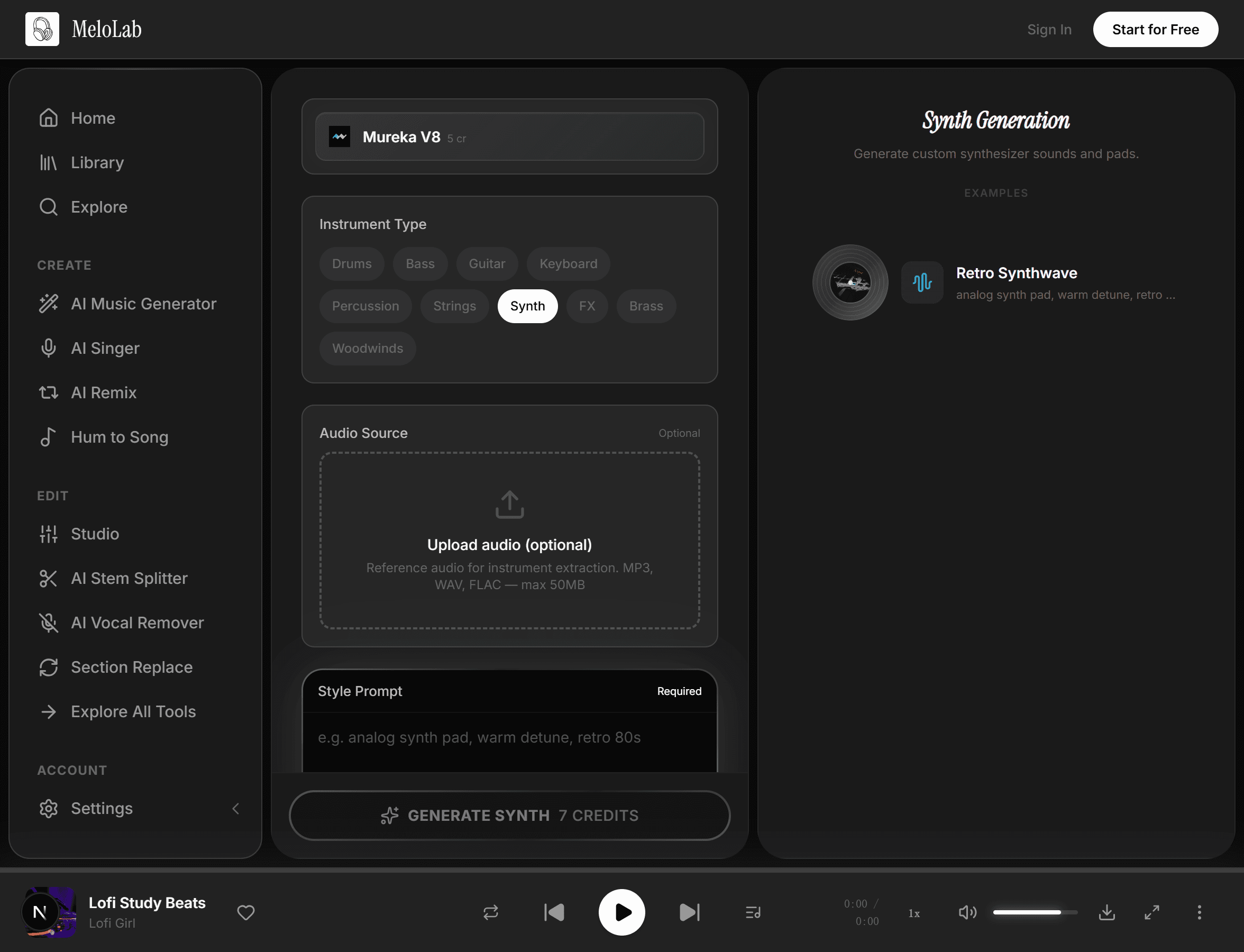 Choose synth style and sound in MeloLab Synth Generator