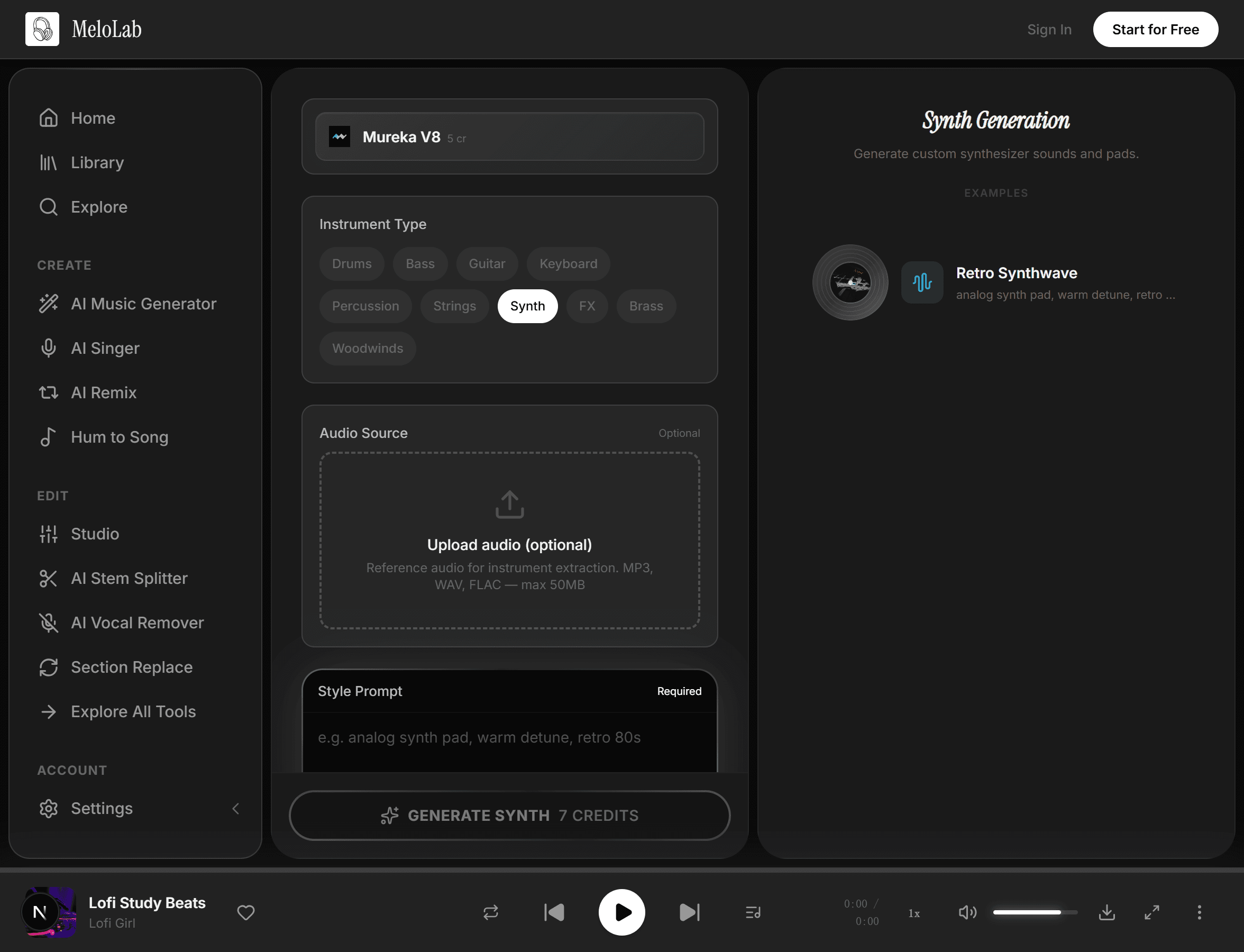 Generate isolated synth track in MeloLab Synth Generator