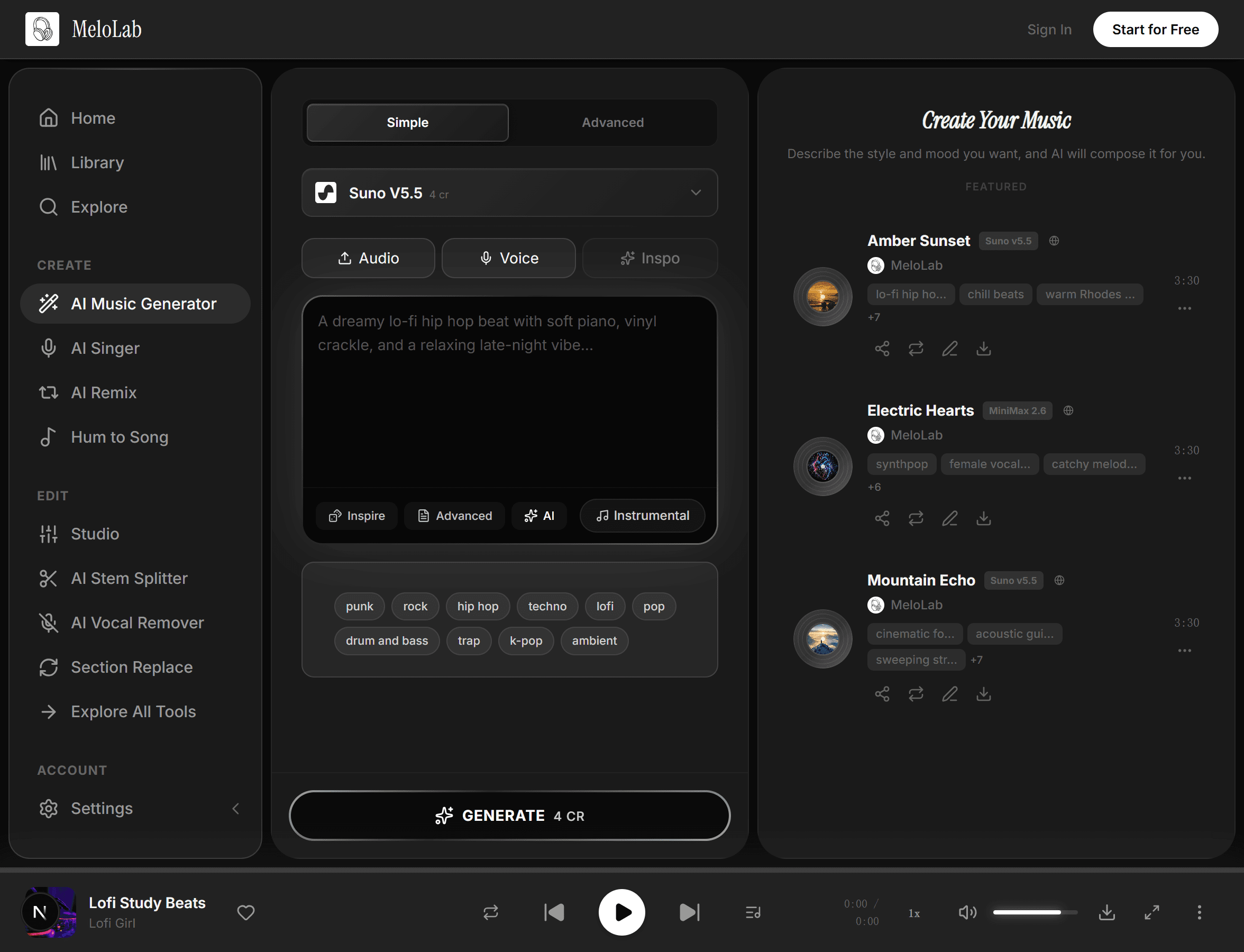 Describe your song using natural language text input in MeloLab Text to Music generator