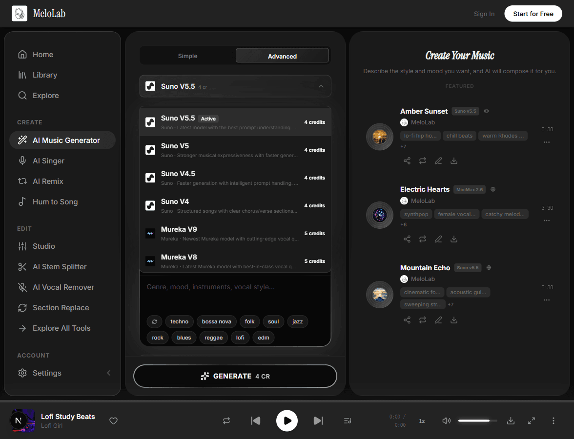 Add lyrics or switch to instrumental mode in MeloLab Text to Music