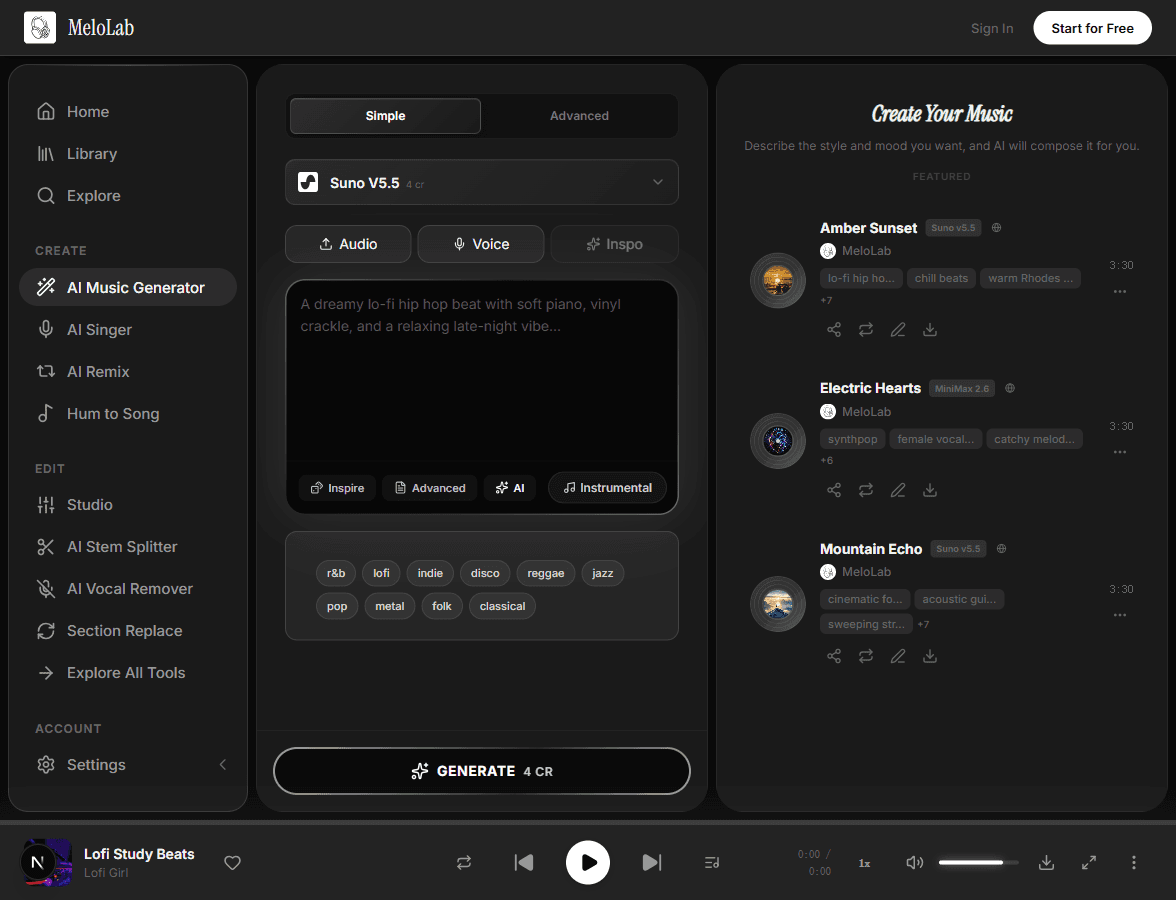 Generate and download AI-produced music track in MeloLab Text to Music