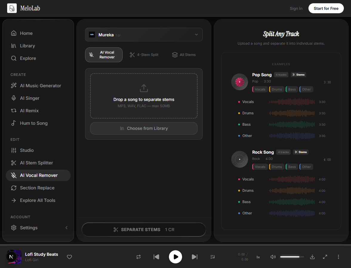 Upload song for vocal removal in MeloLab Vocal Remover tool