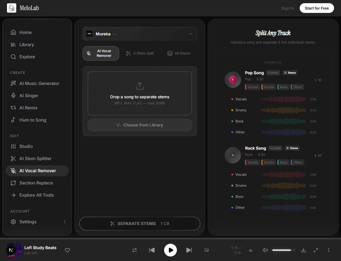 AI separating vocals from instrumental in MeloLab Vocal Remover