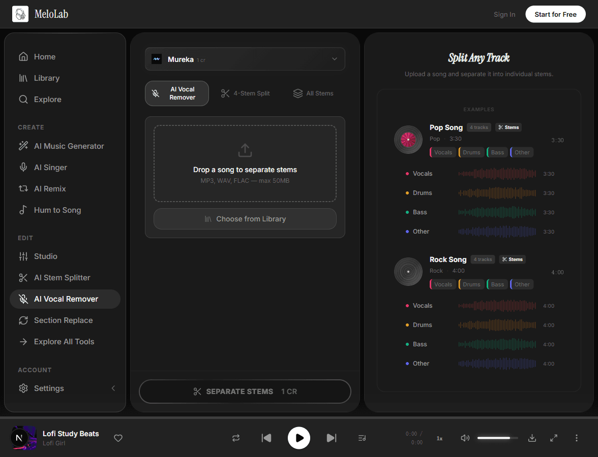 Download instrumental and acapella results in MeloLab Vocal Remover