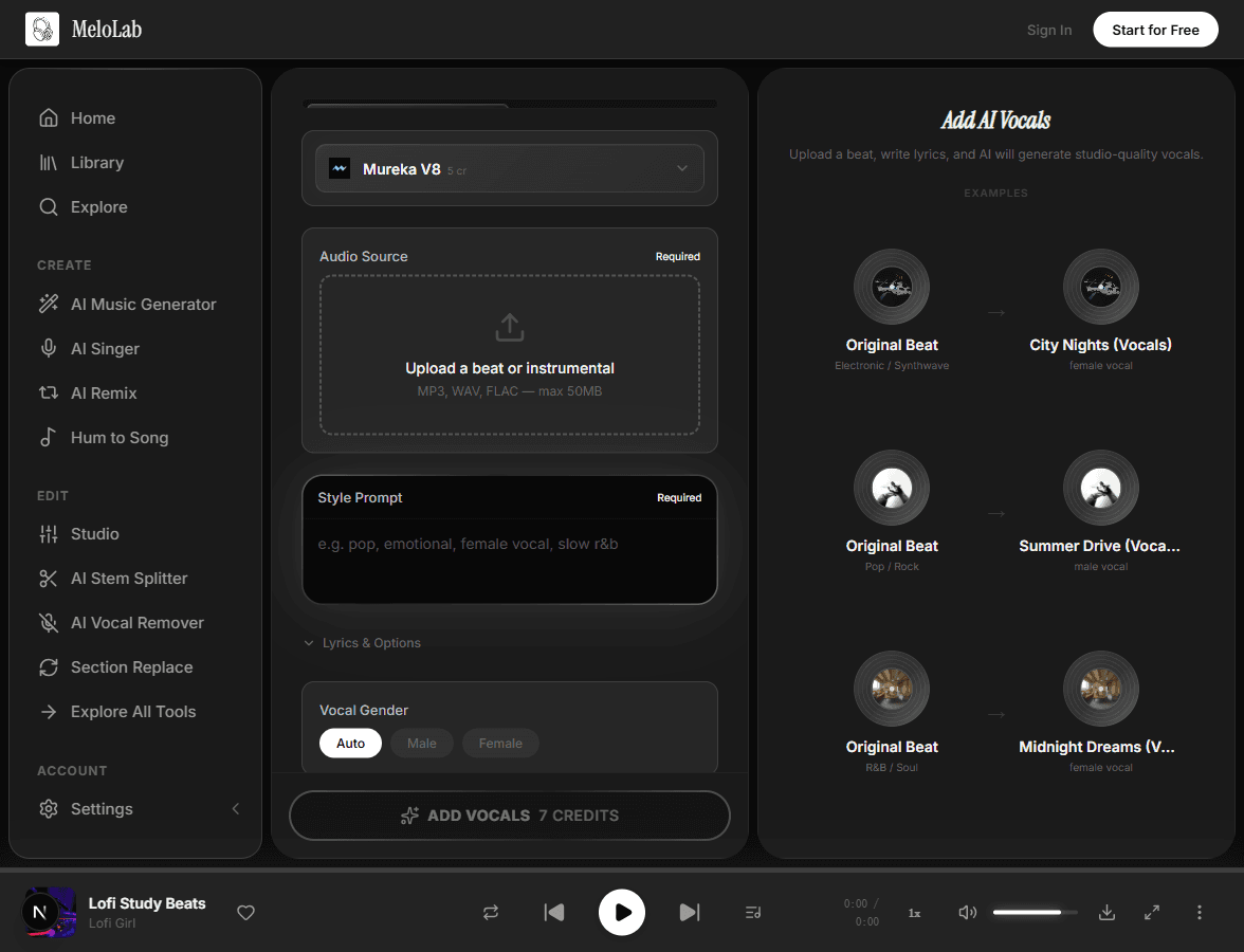 Generate AI vocals for beat track in MeloLab Vocals from Beat