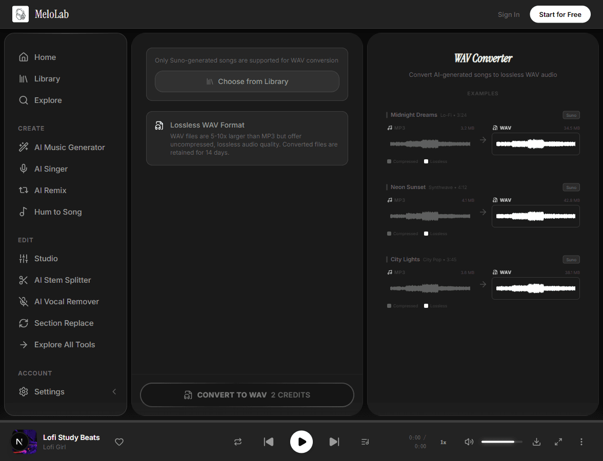 Select a song for WAV format conversion in MeloLab WAV Converter