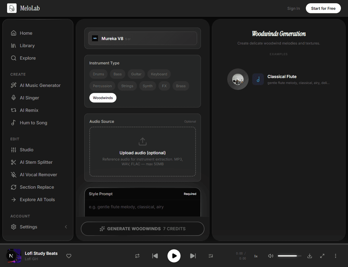 Upload reference audio for AI woodwind track generation in MeloLab Woodwinds Generator