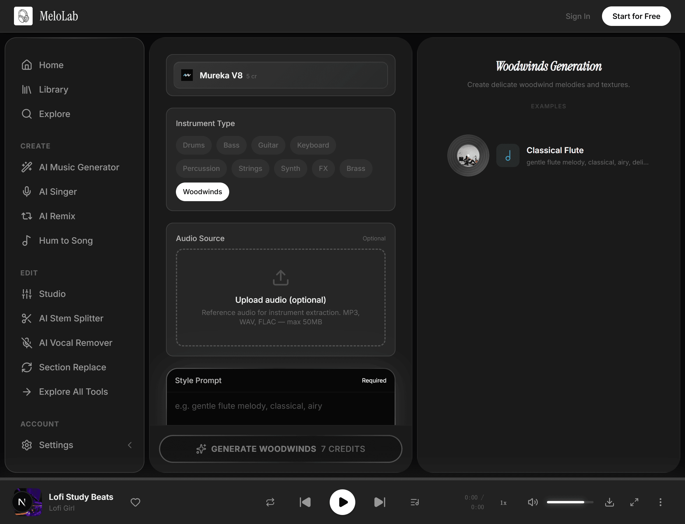 Generate isolated woodwind track in MeloLab Woodwinds Generator