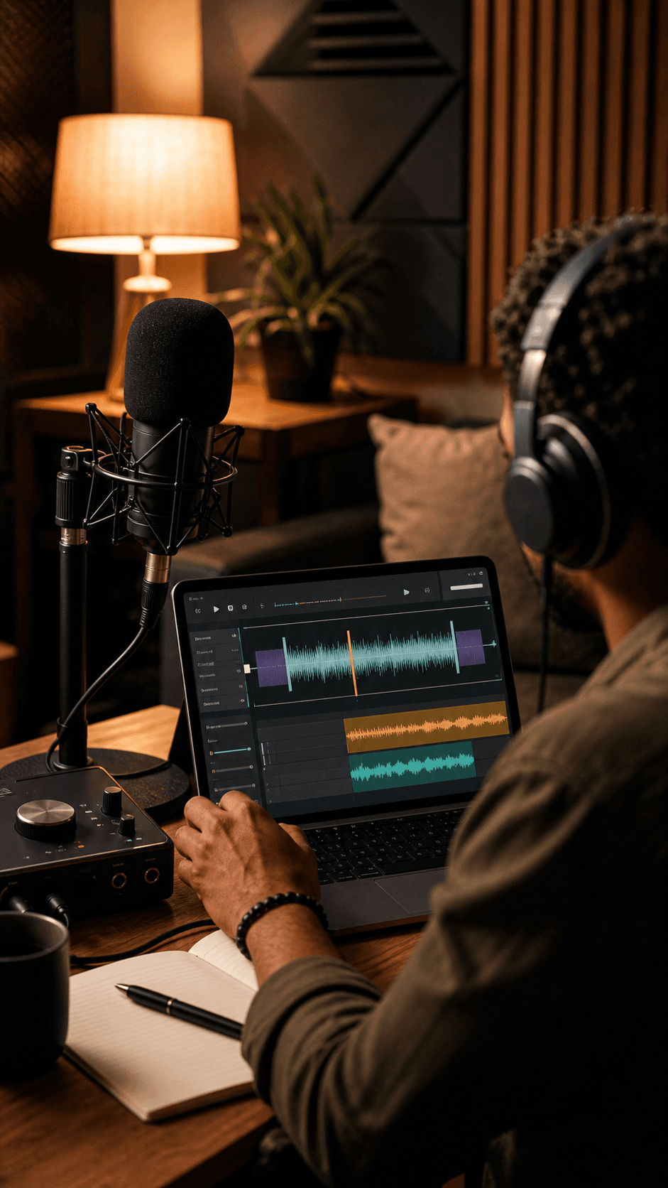 Mesa de podcast brasileira com microfone, fones e timeline de vinheta de abertura